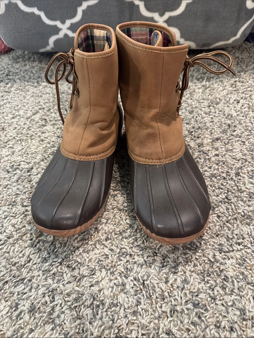 Women’s Brown Two-Tone Duck Boots - Cozy Plaid Lining Marleylilly Size 10